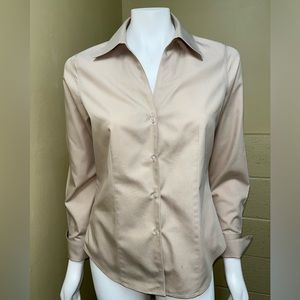 Tan, medium, cotton Jones New York long sleeve blouse. Non-Iron.